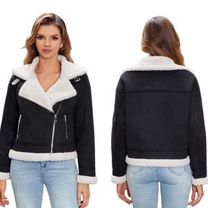 🎠DIASHINY Faux leather jacket shearing fur winter coat fur lined black L NWT